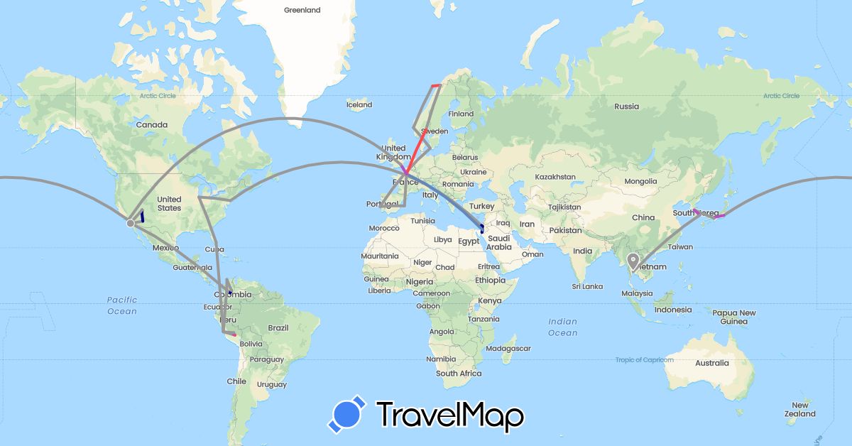 TravelMap itinerary: driving, plane, cycling, train, hiking in Colombia, Denmark, Spain, France, United Kingdom, Israel, Jordan, Japan, South Korea, Norway, Peru, Portugal, Thailand, United States (Asia, Europe, North America, South America)